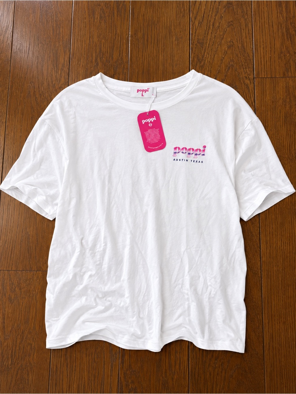poppi White Short Sleeve Tee with Pink Logo Sz L NWT